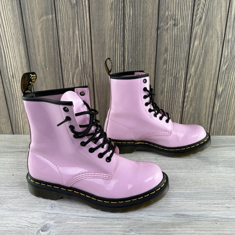 Dr Doc Martens Pink Black Combat Boots Barbie Patent Leather Women Size 7